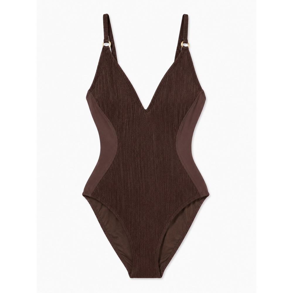 NWT TA3 Plungey Ring One Piece Swimsuit XXS Short Wavy Espresso Brown Sculpting